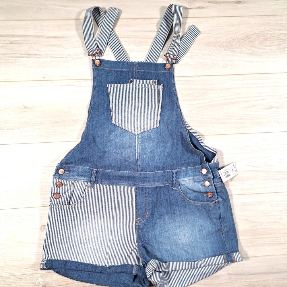 American Rag Y2K Denim Patchwork Shortalls Overalls Katrina Blue‎ Stripe 11 NEW